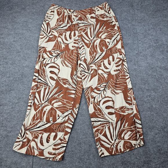 Susan Graver Pants Womens Medium Linen Tropical Leaf Wide Leg Coastal Vacation - Picture 1 of 7